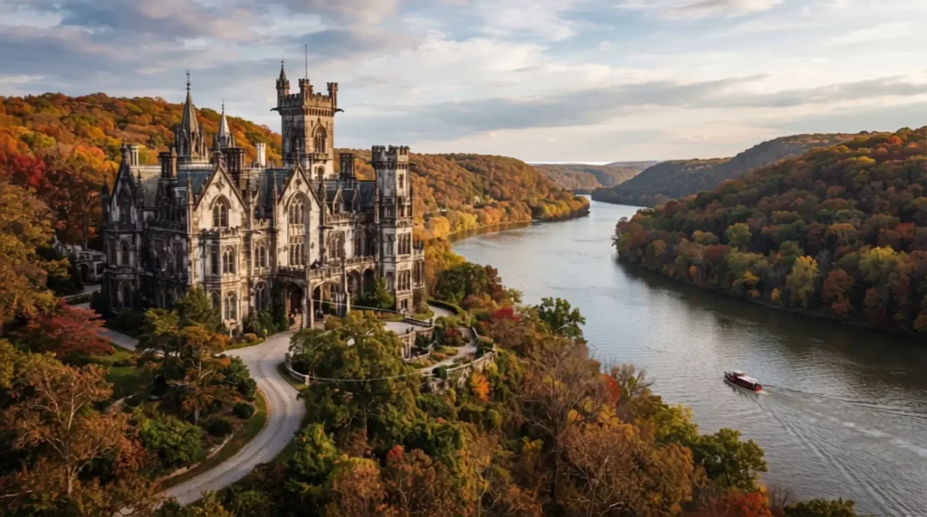 Gothic Revival mansion overlooking a river with towers and pointed arches