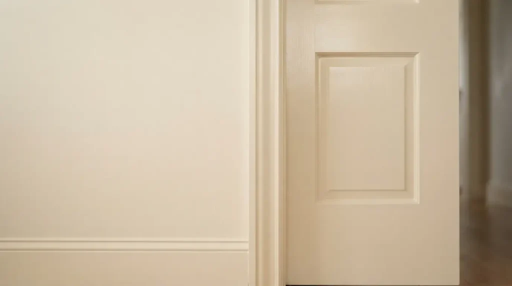 A matte satin wall next to a glossy semi-gloss door and trim in warm cream