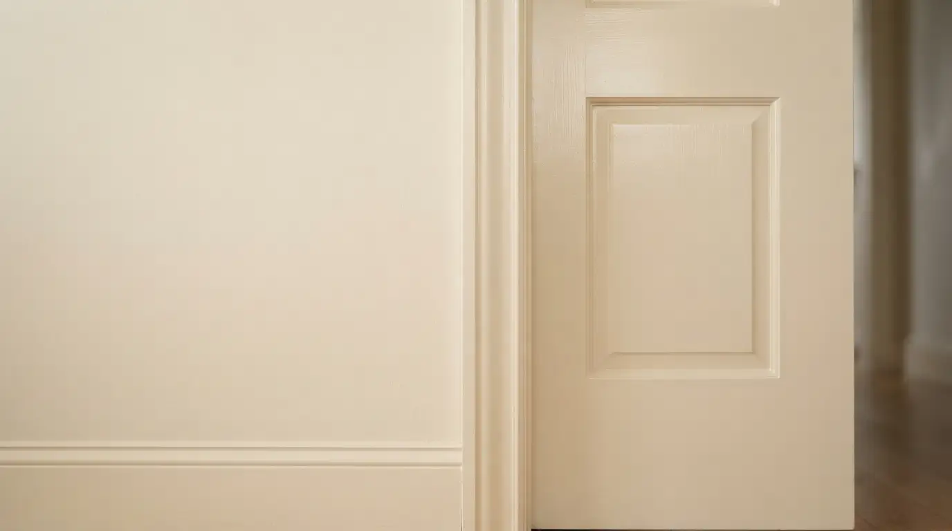 A matte satin wall next to a glossy semi-gloss door and trim in warm cream