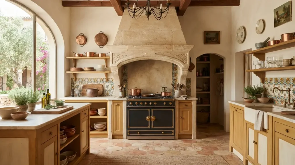 Mediterranean kitchen with a stone hearth style range hood and arched shape
