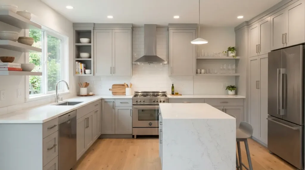 Mid-range stainless steel chimney style range hood in a modern kitchen