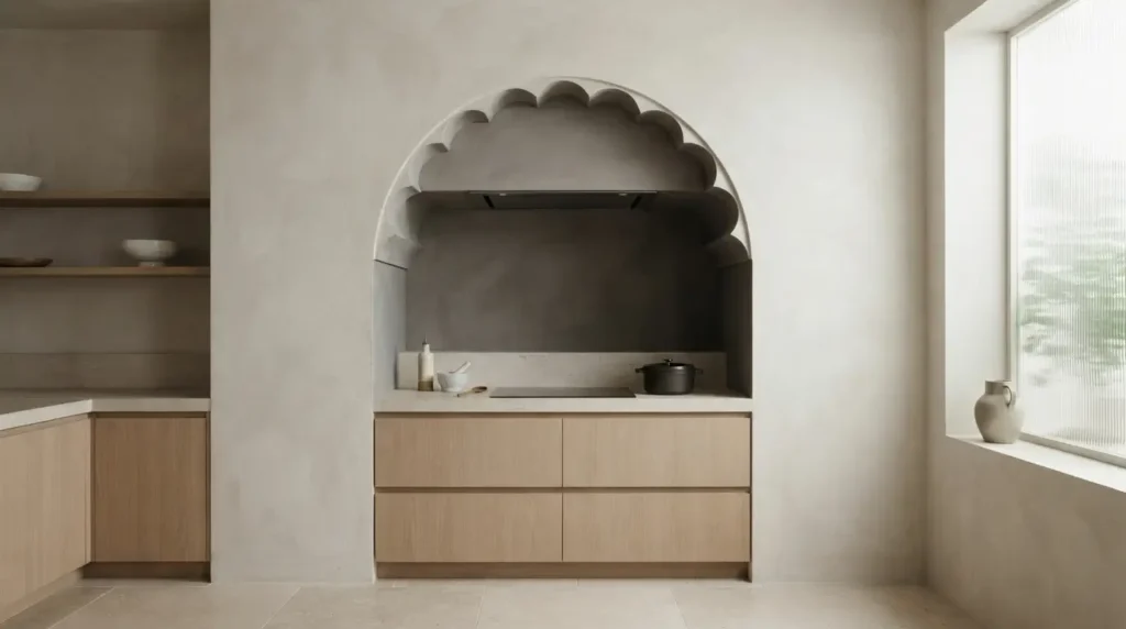 Minimalist range hood set inside a scalloped architectural wall niche
