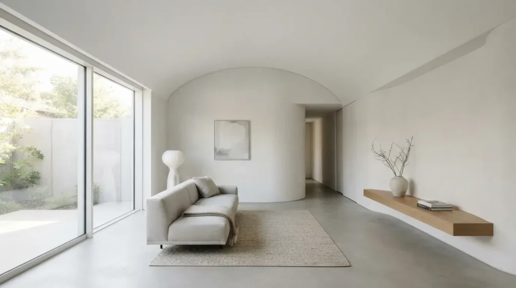 Minimalist seamless coved ceiling with no step or reveal, curving continuously from wall to ceiling