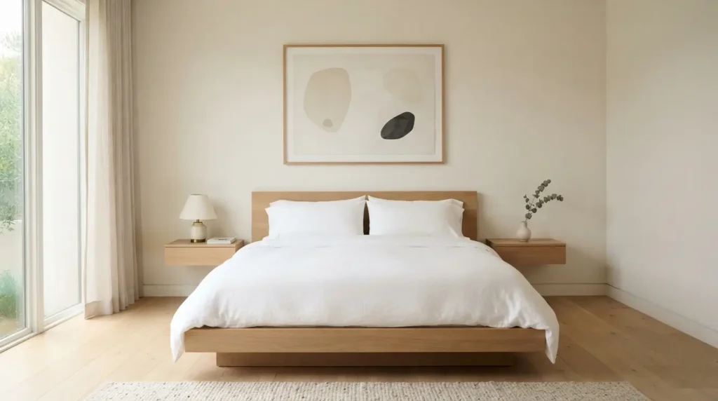 Minimalist white bedroom with plain bed frame and single wall art

