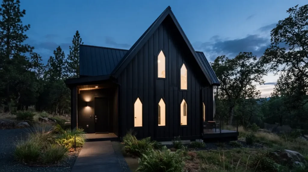Modern gothic style house with black exterior and board and batten siding