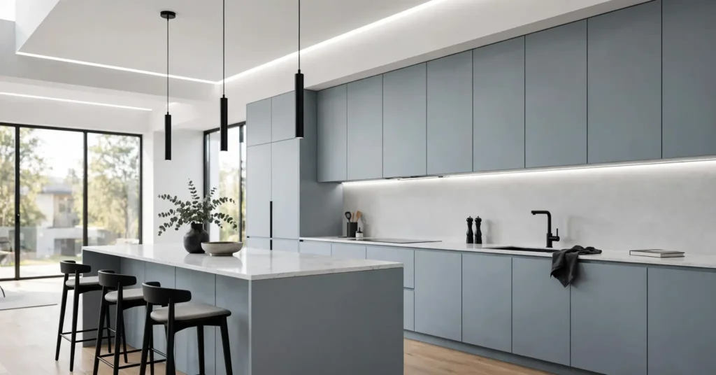 Modern blue kitchen cabinets with handleless design and quartz counters
