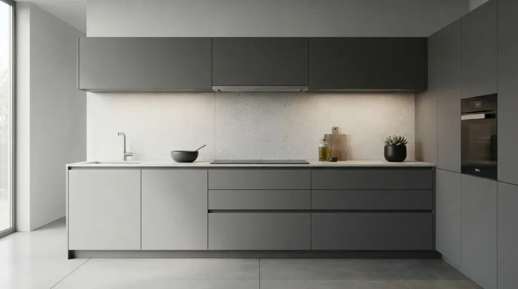 Modern kitchen with a slim hidden range hood behind flat panel cabinetry