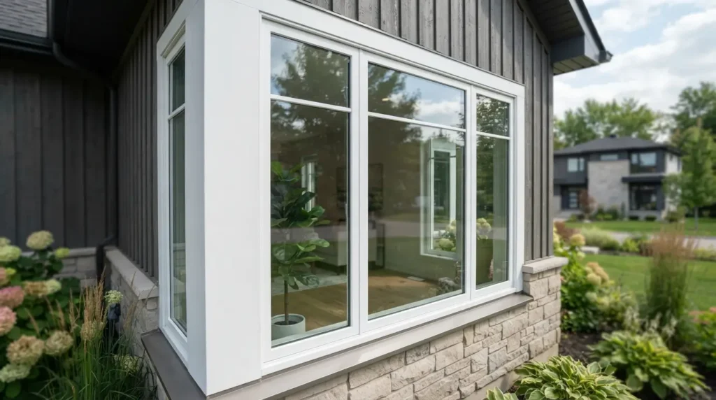Close-up of a white fiberglass window frame installed in a modern home exterior