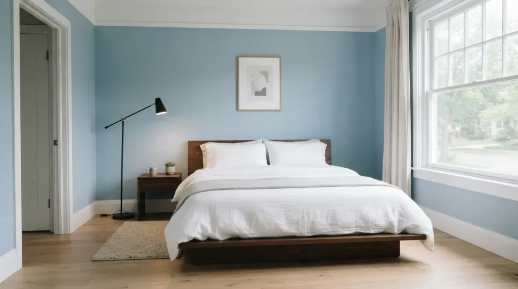 Minimalist light blue bedroom with simple low profile furniture