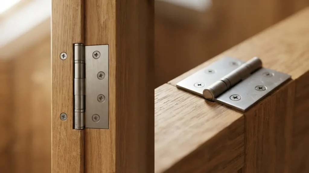 Close-up comparison of a mortise hinge and a surface-mounted hinge
