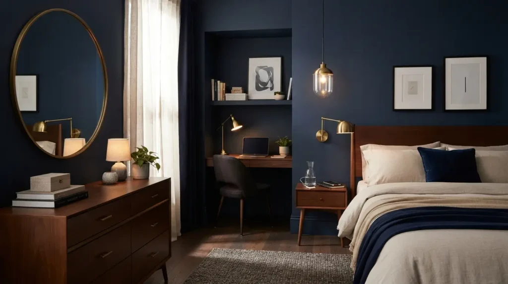 Navy blue teen bedroom with brass lighting and large mirror
