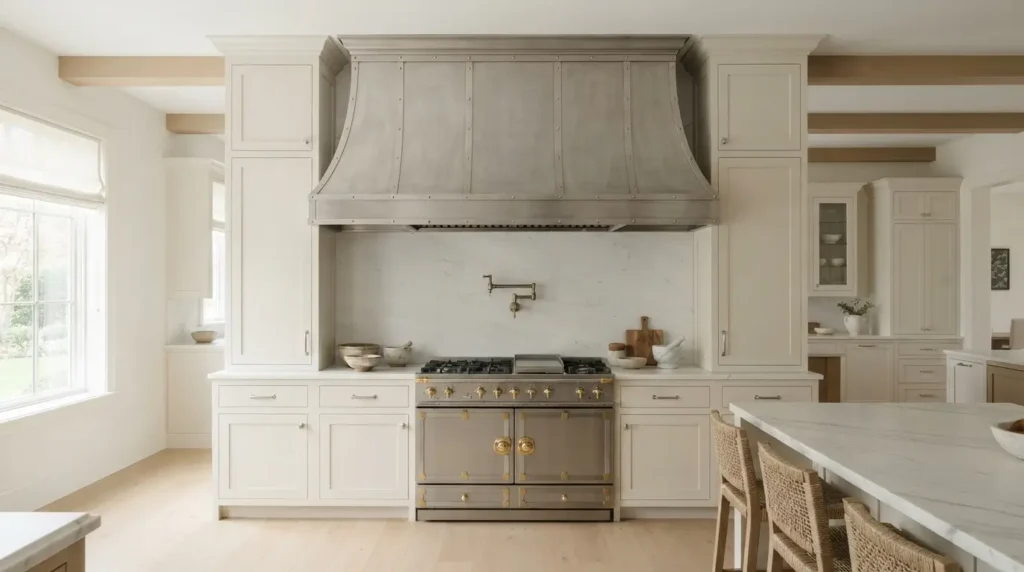 Extra-wide nickel silver range hood spanning the entire range wall
