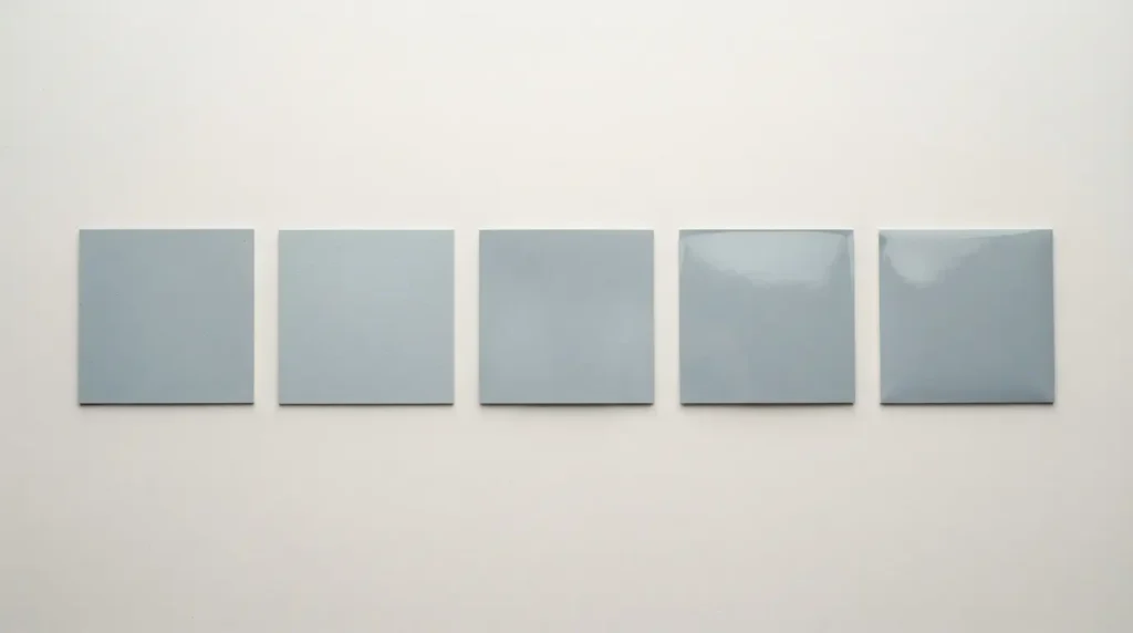 Five paint swatches in one color arranged from matte to high-gloss