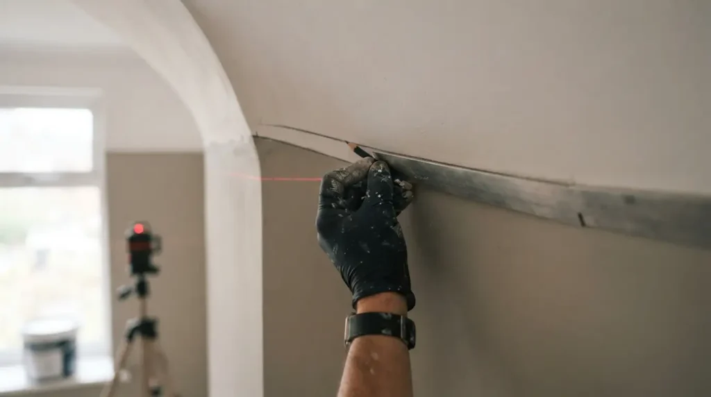 Painter using a straight edge to mark the color transition line on a curved coved ceiling

