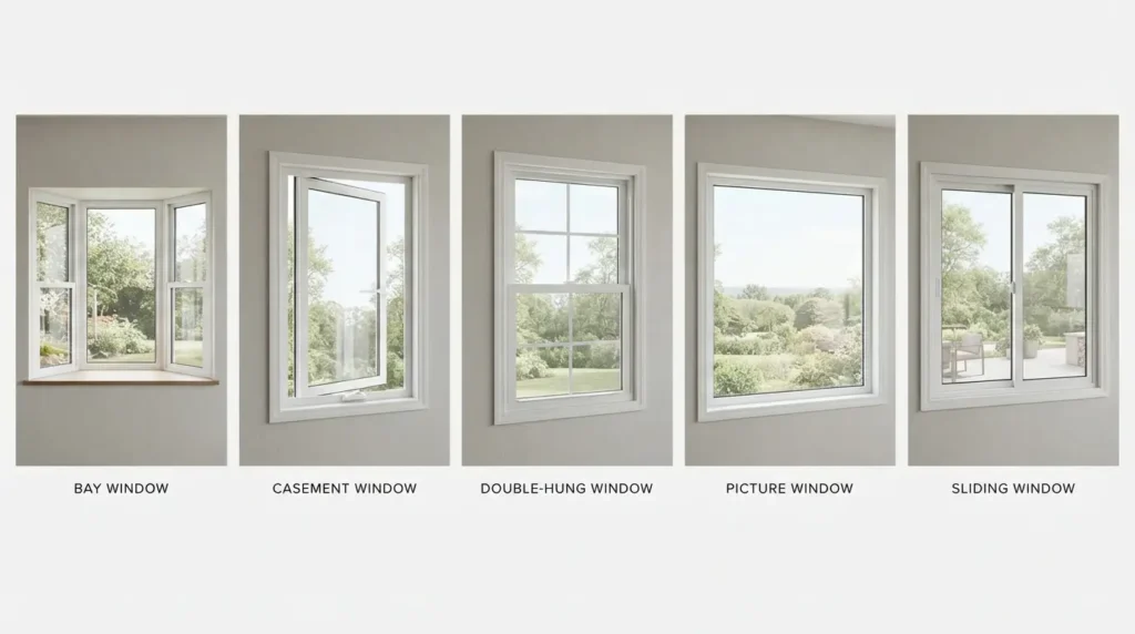 Grid showing five fiberglass window styles including bay, casement, double-hung, picture, and sliding windows