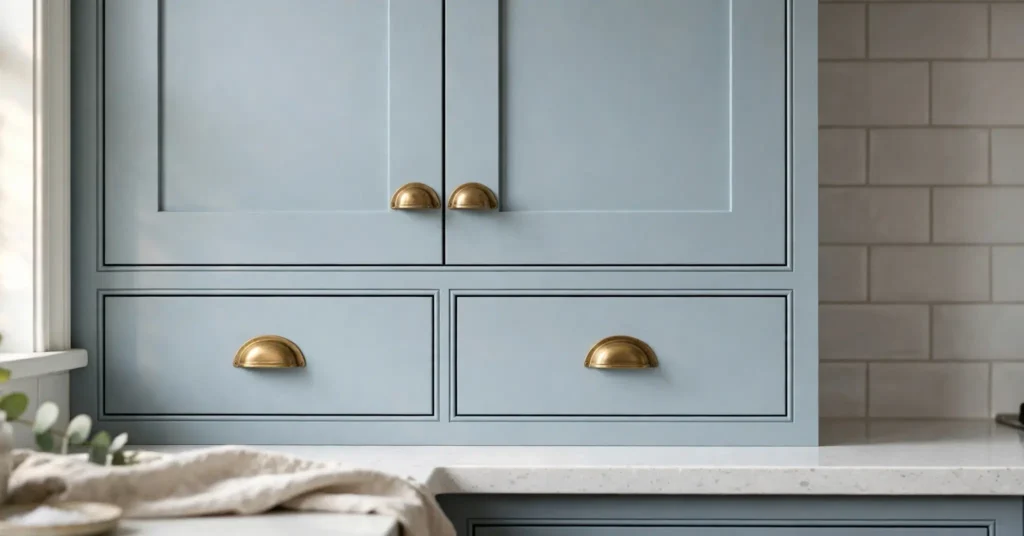 Powder blue kitchen cabinets with soft gray undertone in traditional kitchen
