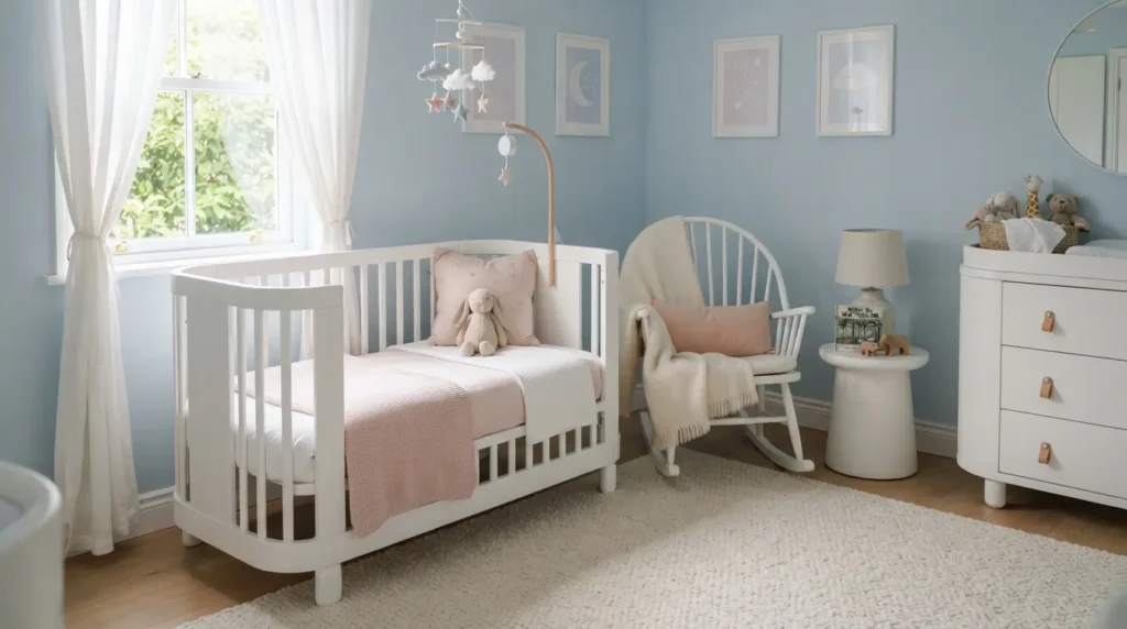 Powder blue nursery with blush pillows and white crib
