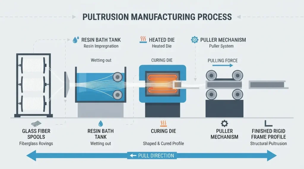 Diagram showing the pultrusion process where glass fibers pass through a resin bath to form window frame material