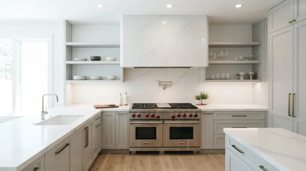Kitchen range hood wrapped in matching quartz surfacing
