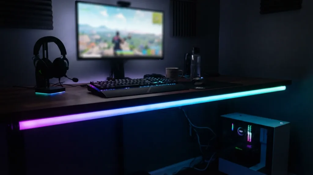 An addressable RGB LED strip along the edge of a gaming desk showing a gradient transition from purple to blue to teal

