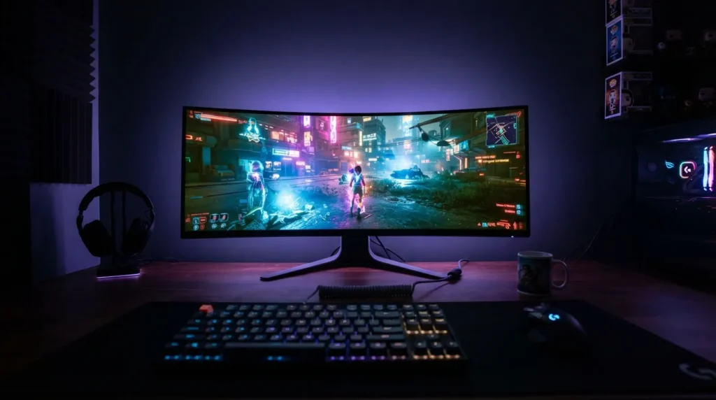 An RGB LED strip glowing purple and blue behind a curved gaming monitor in a dark room, reducing screen contrast
