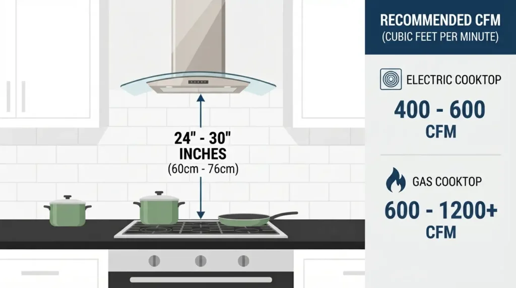 Diagram showing recommended range hood mounting height and CFM by cooktop type
