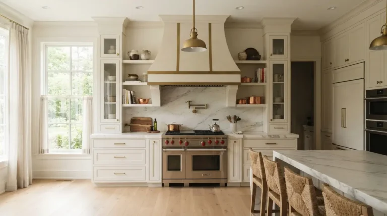 Wide shot of a modern kitchen with a statement range hood as the focal point