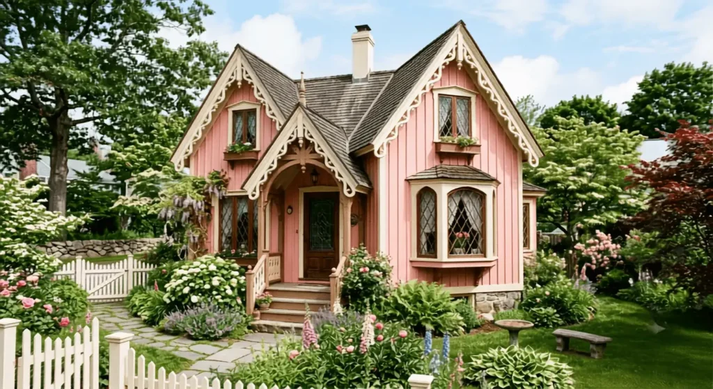 Pink Gothic Revival cottage with board and batten siding and steep gables