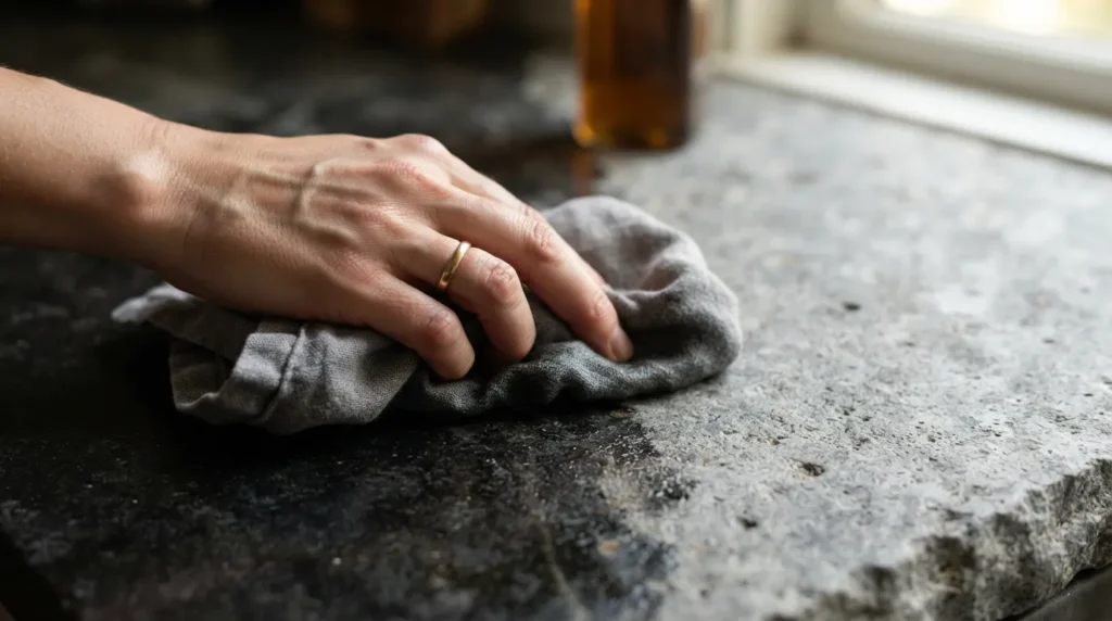 Hand rubbing mineral oil into soapstone countertop with a cloth, darkening the stone

