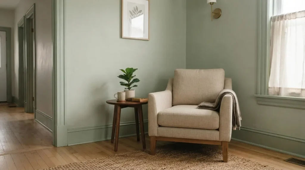 Living room corner with satin-painted walls and glossy trim in the same green