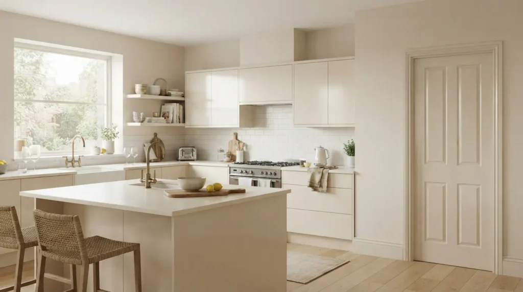 Kitchen showing satin walls, glossy cabinets, and a semi-gloss door together