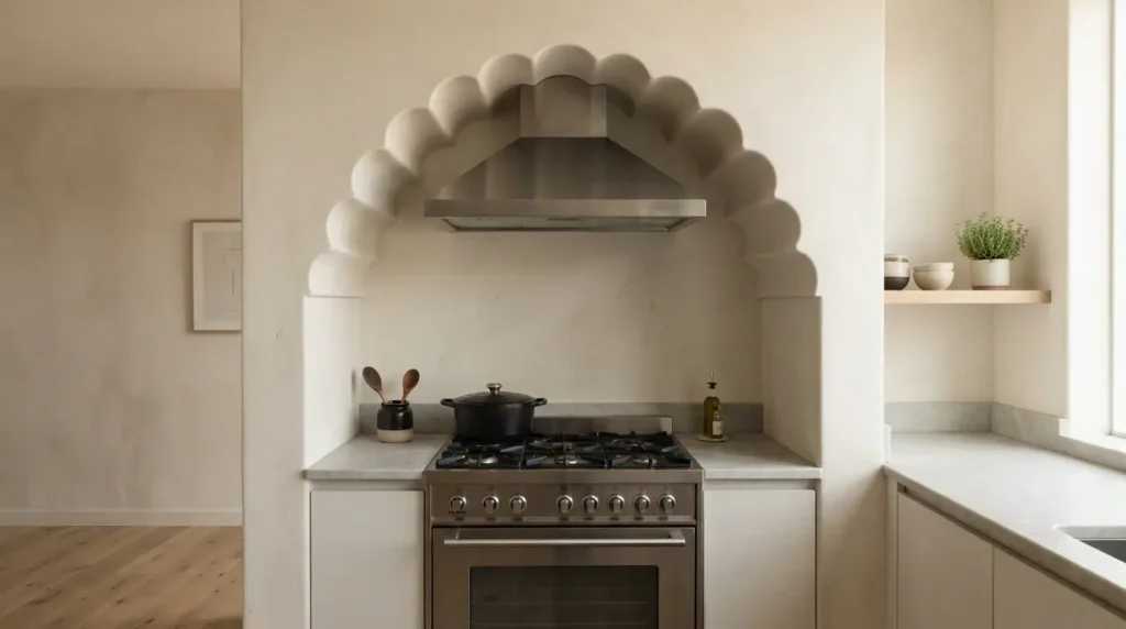 Range hood framed by a scalloped architectural wall cutout
