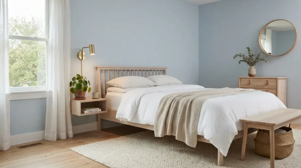 Scandinavian style bedroom with light blue walls and pale wood furniture