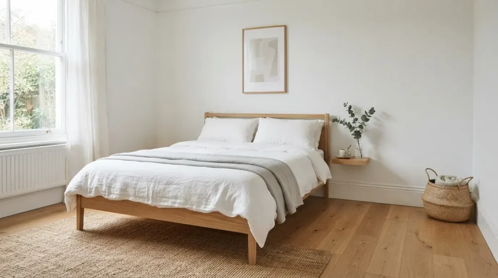 Scandinavian style white bedroom with pale wood furniture