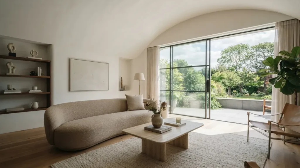 Seamless coved ceiling design curving smoothly from wall to ceiling in a bright modern living room