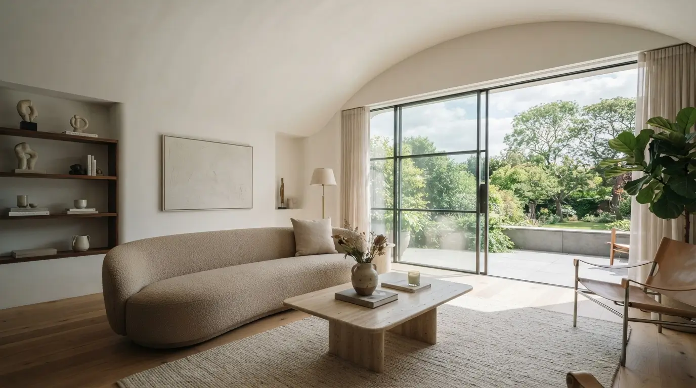 Seamless coved ceiling design curving smoothly from wall to ceiling in a bright modern living room