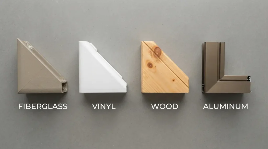 Four window frame samples side by side showing fiberglass, vinyl, wood, and aluminum materials