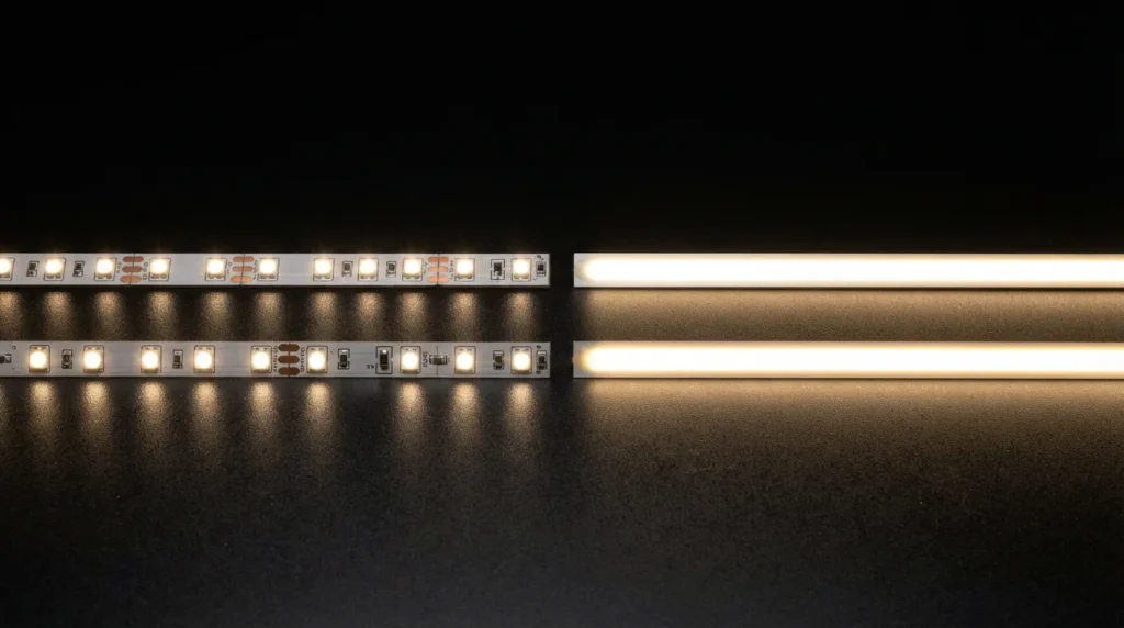 Two LED strips lit side by side, one showing individual light dots and the other showing a continuous smooth glow line
