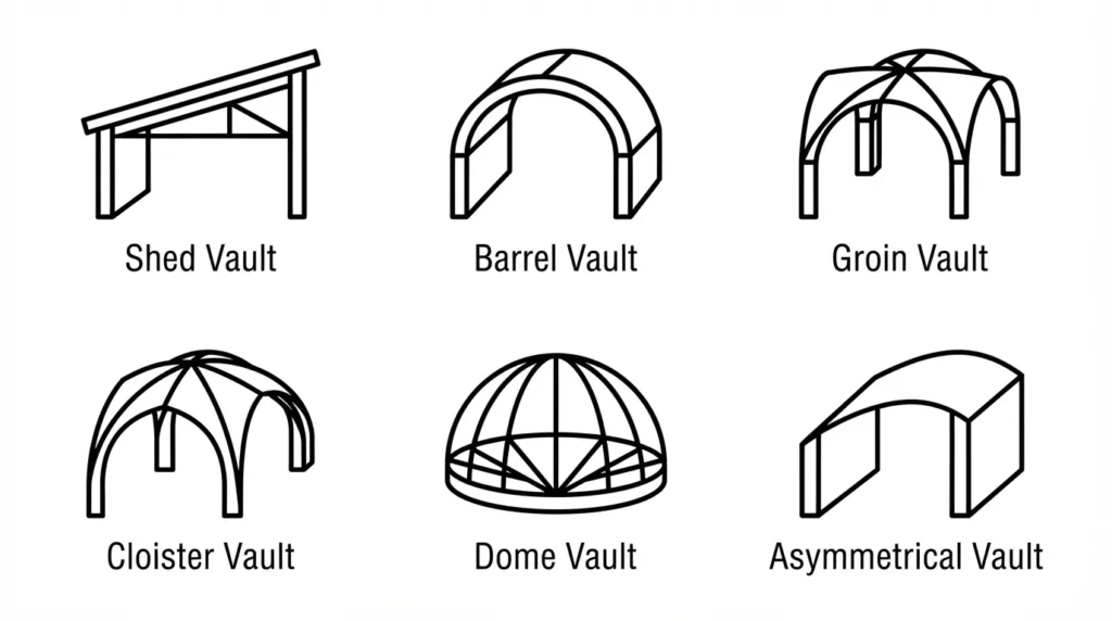 Grid diagram showing shed, barrel, groin, cloister, dome, and asymmetrical vaulted ceiling shapes
