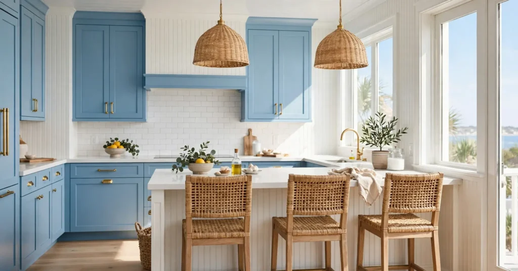 Sky blue kitchen cabinets with clean true blue tone in coastal kitchen
