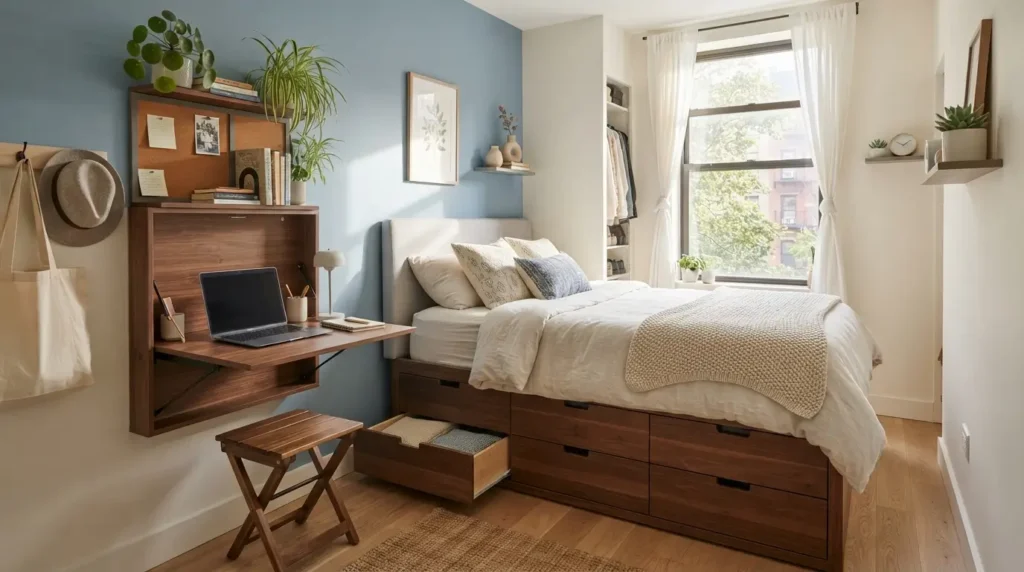  Space saving furniture in a small blue girl's bedroom
