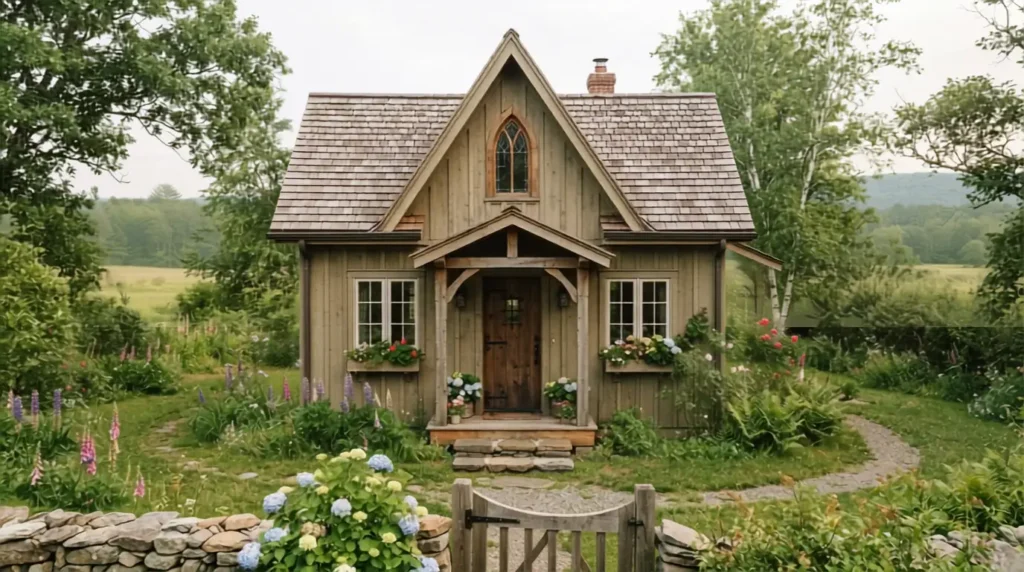 Small Carpenter Gothic cottage with one pointed window and steep gable