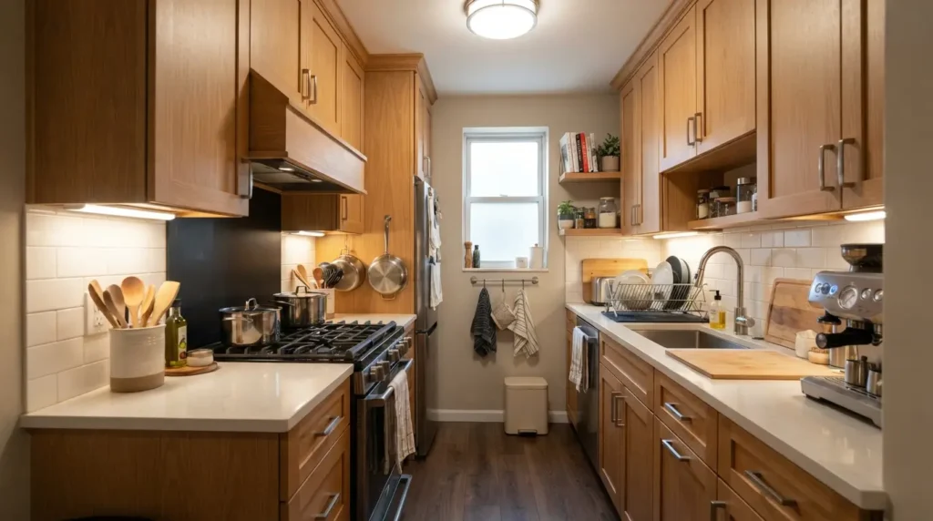 Compact under-cabinet range hood in a small kitchen
