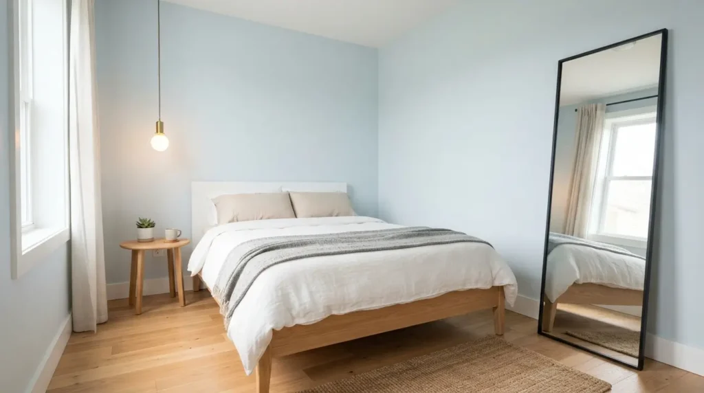 Small bedroom made to feel larger with light blue walls and simple furniture