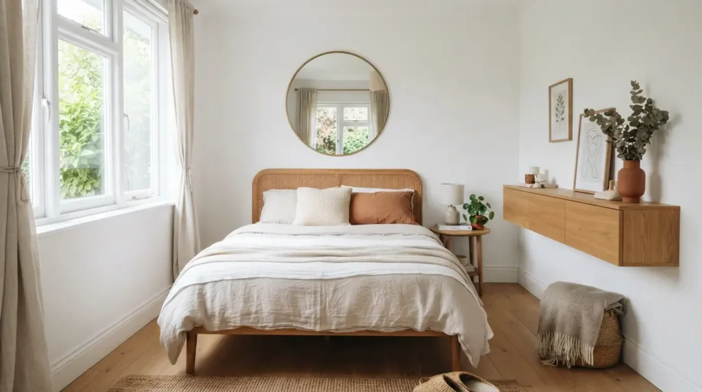 Small white bedroom styled with a large mirror for more space