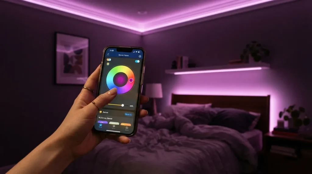 A hand holding a smartphone showing a lighting app color wheel, with LED bedroom lights glowing in the matching color in the background
