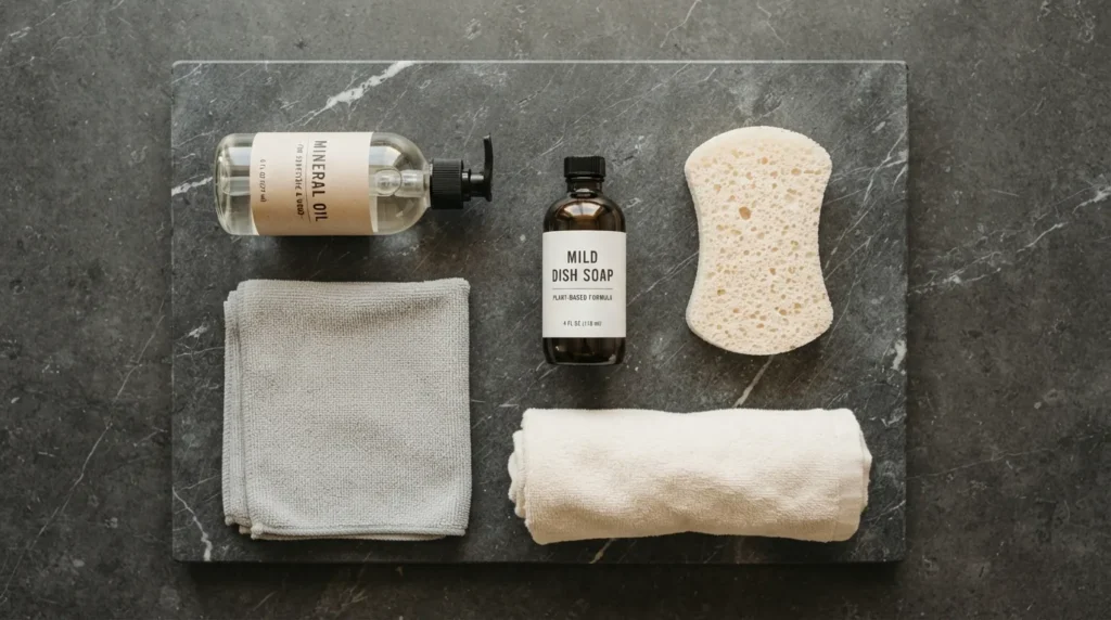 Overhead flat lay of soapstone cleaning supplies, including dish soap, microfiber cloth, and mineral oil
