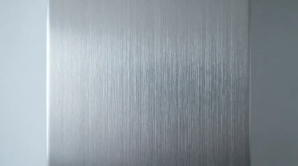 Close-up of a brushed stainless steel range hood surface
