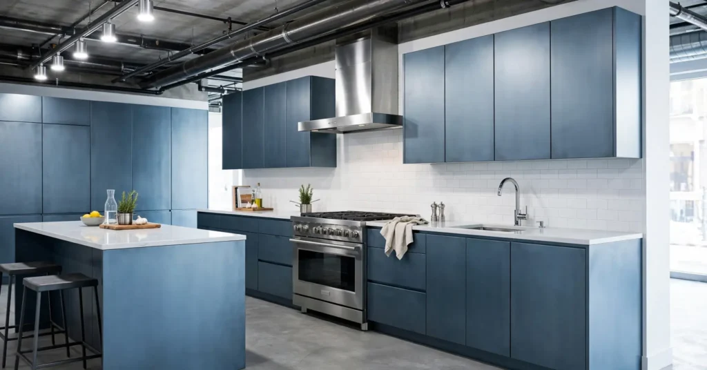 Steel blue kitchen cabinets with cool industrial gray tone
