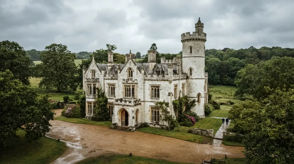 Gothic Revival villa with turrets and pointed arches in English countryside style